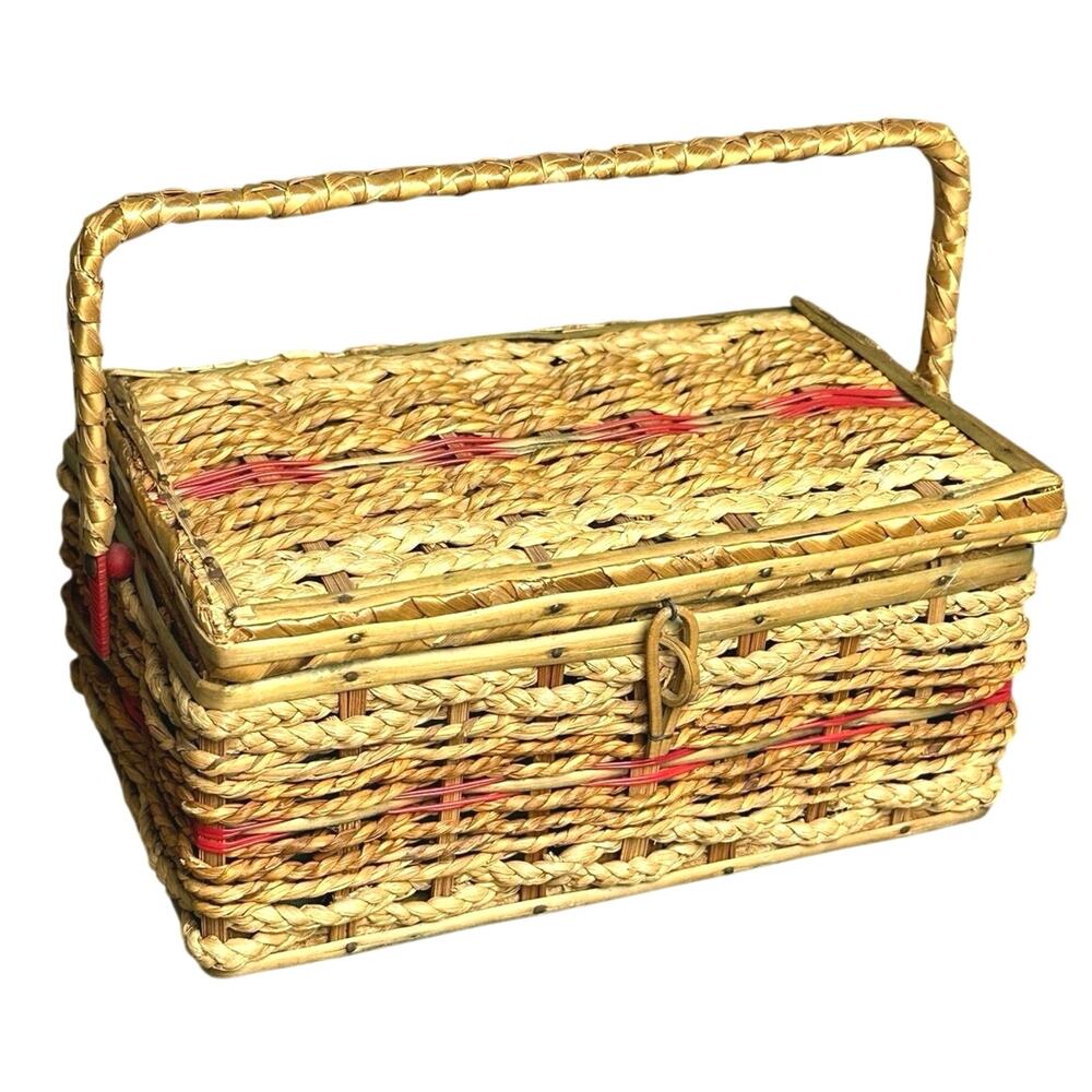 Vintage MCM sewing basket Japan raffia satin lined woven raffia grannycore 8x5x4